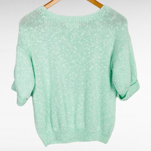 VINTAGE | Mint Green Hallow Out Knit Lace Chevron Cuffed Sleeve Pullover Sweater - Picture 7 of 8